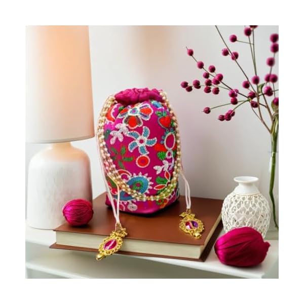 Rhaa Craft Bridal Potli | Paisley Embroidered Purse with Handle for Women, Girls, Teens | Ladies Purse Handbag | Royal Clutch Silk Batwa Bag | Pink Potli - Image 3