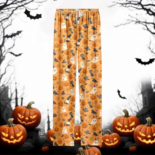 Halloween Pajamas,Halloween Pajama Pants Men Funny Pumpkin Ghost Print Loose Fit Elastic Drawstring Unisex Pjs Pant 2026 01 Yellow Large — view 3