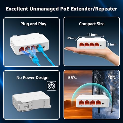 Image of YuanLey 4 Port 2.5G PoE Extender with 3 PoE Out,Mini 4 Channel PoE Repeater 2500Mbps, Wall and Din Rail Mount Passthrough POE Amplifier /Booster, Plug and Play