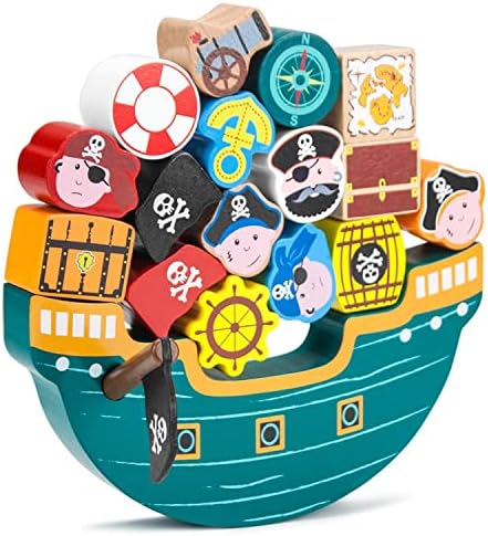 Imagination Generation Wooden Wonders Balancing Playset | Develops Dexterity, Motor Skills, Sharing Skills | Safe Wood & Paint | 18 PC Pirate Boat Playset
