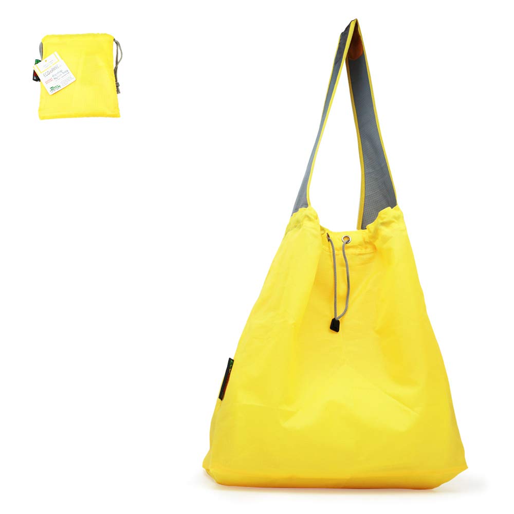 EcoJeannie 1 Pack Ripstop Nylon Foldable Reusable Grocery Shopping Bag with Pouch & Inner Pocket, Draw-String