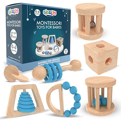 Image of Giggles Montessori Toys for Babies 0-6 Months, Wooden Baby Toy Rattle, Teether, Teethers, Teething for Babies, Natural Wood, Baby Toys, Infant Circle Rattle, Rattles, Baby Wooden Toys 6-12 (Blue)