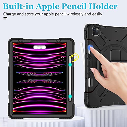 Ipad Pro 12.9 Case 2022 6Th Generation/2021 5Th Gen: Military Grade Silicone Protective Cover For Ipad 12.9 2020 Inch 4Th Gen W/Pencil Holder - Stand - Handle - Shoulder Strap Black #TOP4