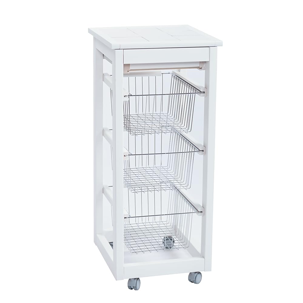 Liberoshopping Carrello Cucina Slim in Legno di faggio 3 cesti e 1 cassetto Top Ceramica 4 Ruote girevoli casa Cucina Giardino (Laccato Bianco)
