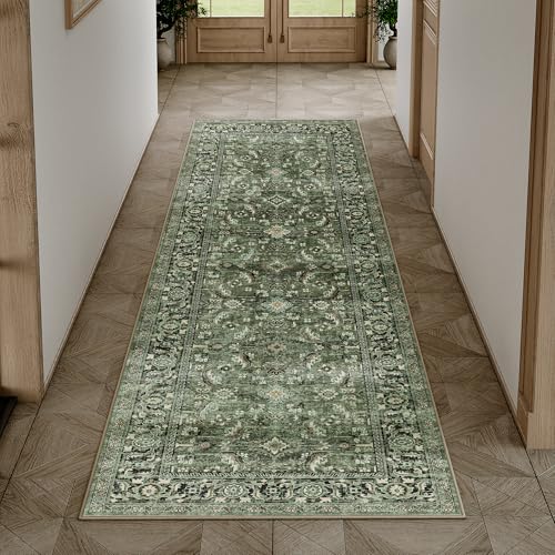 HUGEAR Vintage Grün Waschbarer Läufer Teppich Flur 60x180cm Bettvorleger Küchen Wohnzimmer Schlafzimmer Teppiche rutschfest Kurzflor Weich Flurläufer Teppichläufer