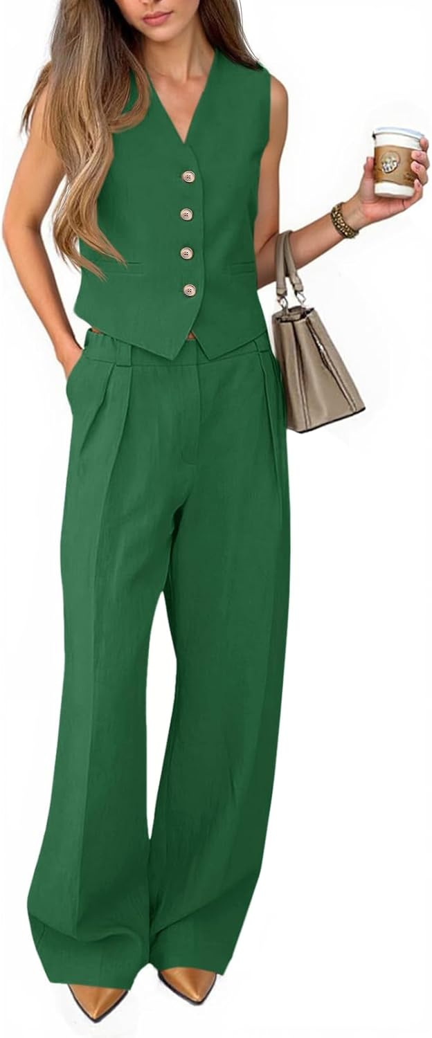 Cicy Bell Women's 2 Piece Outfits V Neck Pants Sets Crop Vest Blazer and Wide Leg Suit