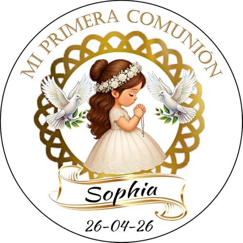 OBLEA o PAPEL DE AZÚCAR – MI PRIMERA COMUNIÓN NIÑA – Foto Comestible PERSONALIZADA con Nombre y Fecha – TARTA REDONDA – Decoración Premium – Varios Tamaños