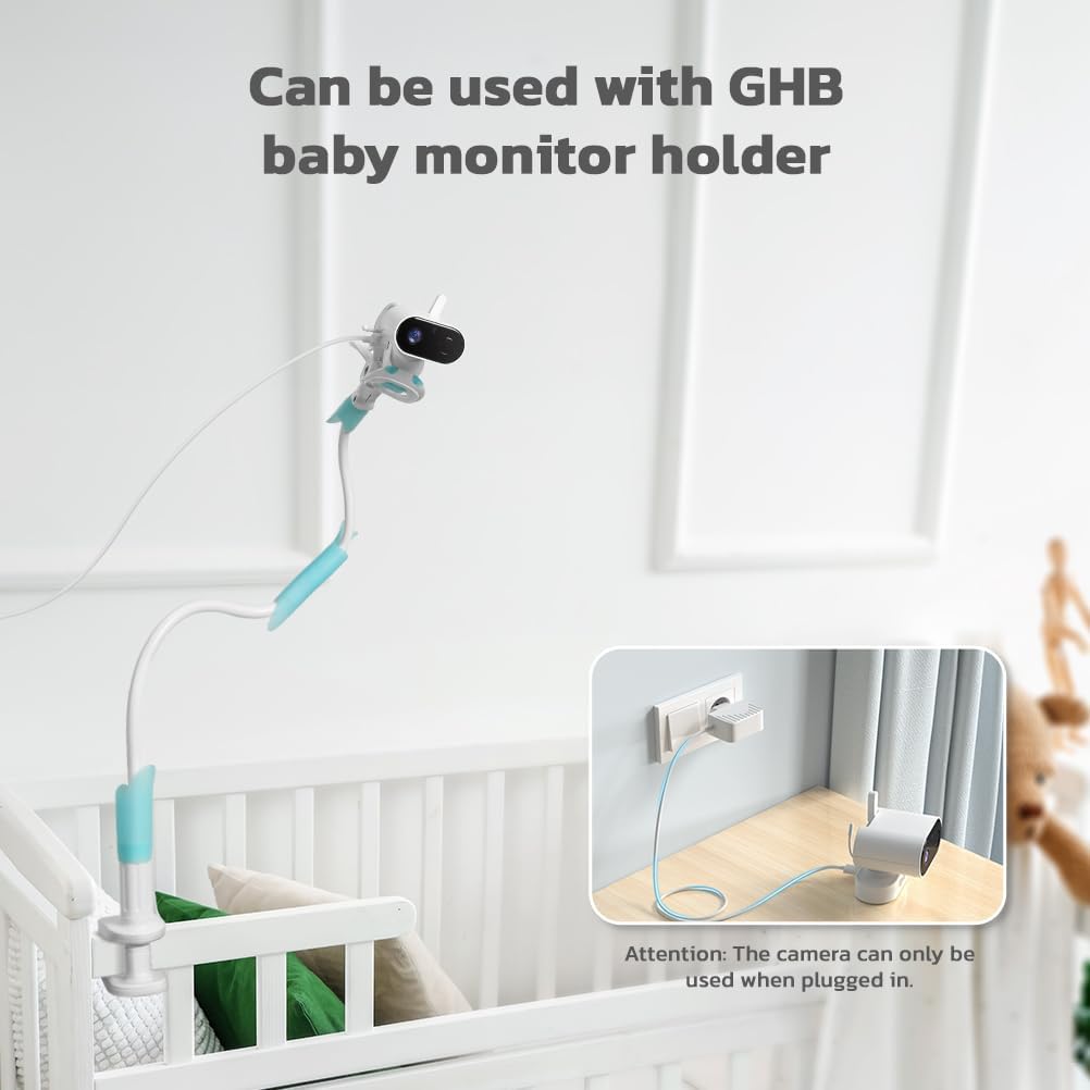 GHB Baby Monitor camera unit mounted on a crib with a flexible holder, showing the power cable plugged into a wall outlet.