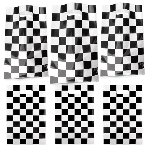 Zi Lan 50 unidades sacos para presentes de festa com tema de carros de corrida sacos de presente com alças e design xadrez para crianças decoração para festas com tema de carros de corrida