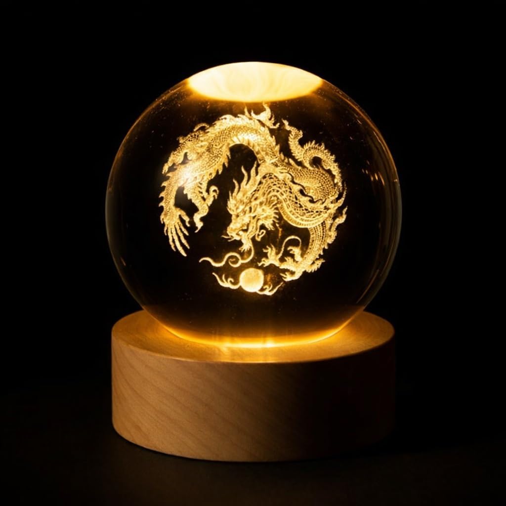 3D Dolphin Laser Engraved Crystal Ball Lamp, 60mm K9 Crystal with Wooden LED Base, Color-Changing Night Light for Home Décor, Ideal for Lovers, Kids, and Family(3D red Spider Lily)(3D Dragon)