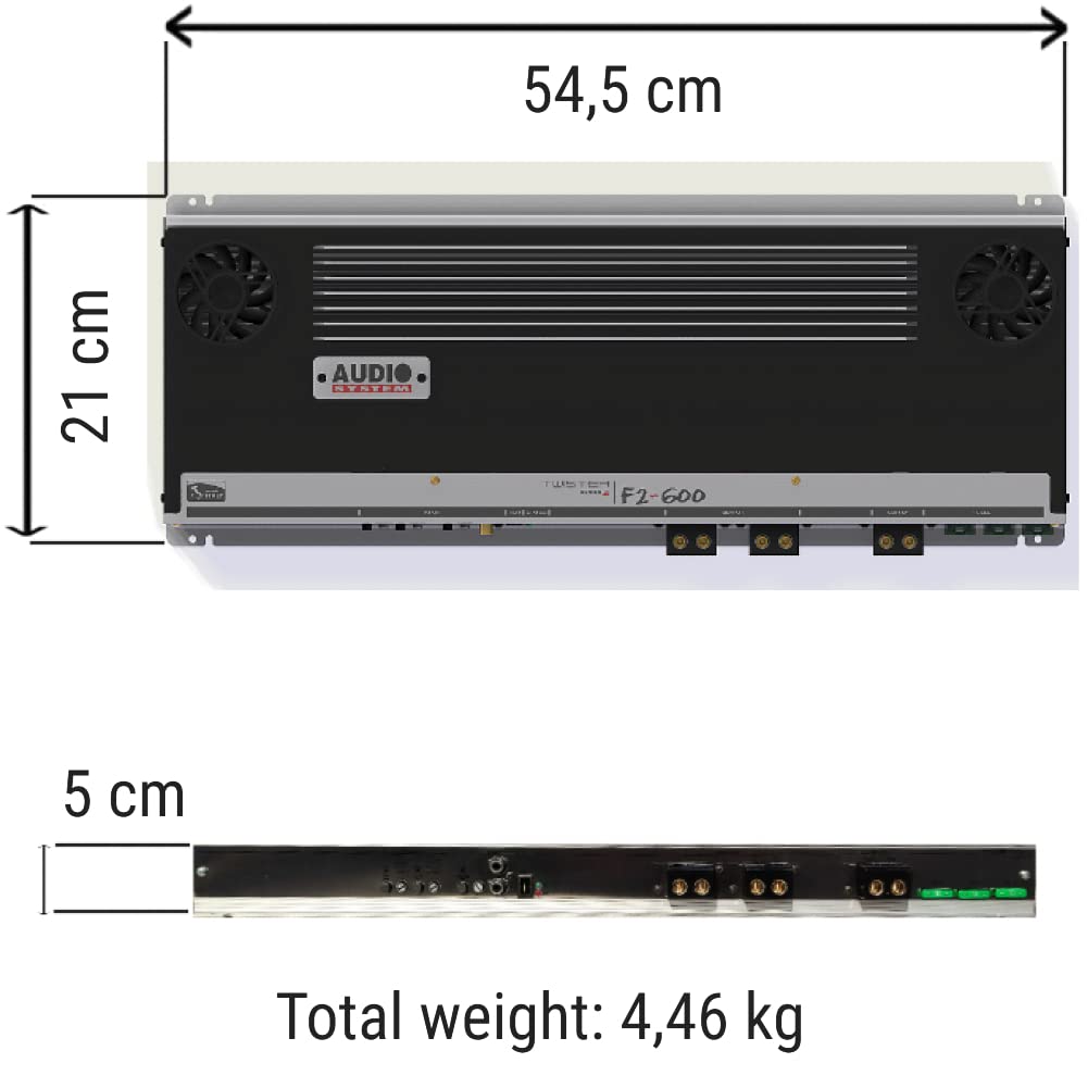 SPEAKER, 1 amplificatore stereo compatibile con AUDIO SYSTEM F2-600 F2 600 2 canali classe ab 2 x 460 watt rms a 2 ohm 3000 watt max spl cofano auto, 1 pezzo