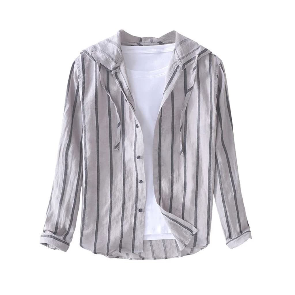 Camicia da Uomo a Maniche Lunghe a Maniche Lunghe Traspirante ad Asciugatura Rapida in Cotone di Lino Camicie con Cappuccio da Uomo Casual a Righe a Righe Maschili (Color : A, Size : XXXL Code)