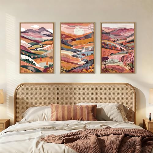 Image of KAIRNE Boho Colorful Mountain Framed Canvas Wall Art Set,Abstract Pink Landscape Wall Decor,Watercolor Forest Art Prints,Nature Scenery Artwork for Living Room,Bedroom,Farmhouse,Office-16 x24 x3