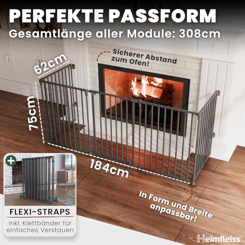 Heimfleiss® Kaminschutzgitter Baby mit Sicherheitsverschluss | Ofenschutzgitter für Kinder & Hunde | Ofengitter Kinderschutz aus Stahl | Universal nutzbar als Kamin-, Tür- & Treppenschutzgitter (Grau)