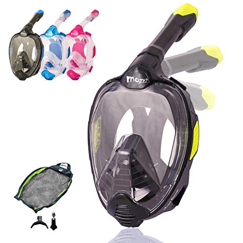 Mozt2 Snorkel Mask Full Face - Full Face Snorkel Mask Adult and Kids - Easy Breathe CO2 Safe - Foldable 180Ëš Panoramic View Flat Lens - Snorkel Set - Snorkeling Gear (Black Yellow, Large to X-Large)