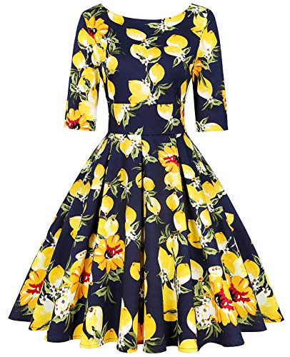 MINTLIMIT Robe Cocktail Femme 1950s Vintage Rockabilly plissée Rétro col v Swing A-Line Robe Femme Élégante,Fleuri-Jaune Marine,M Cover
