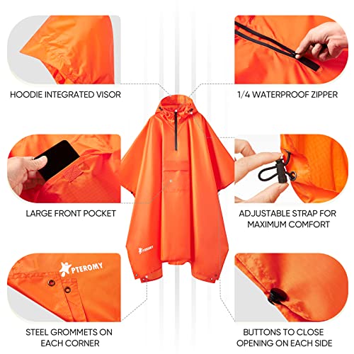 Image of PTEROMY Hooded Rain Poncho for Adult, Waterproof Lightweight Unisex Raincoat for Hiking Camping Emergency