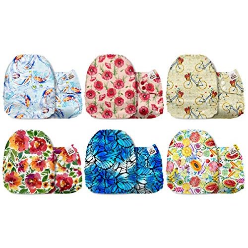 Mama Koala 3.0 Cloth Diapers for Babies with AWJ Lining, 6 Pack with 12 5-Layer Bboo(No Microfiber) Cloth Diaper Inserts - Reusable and Washable Pocket Diapers(12-My Warm Heart)