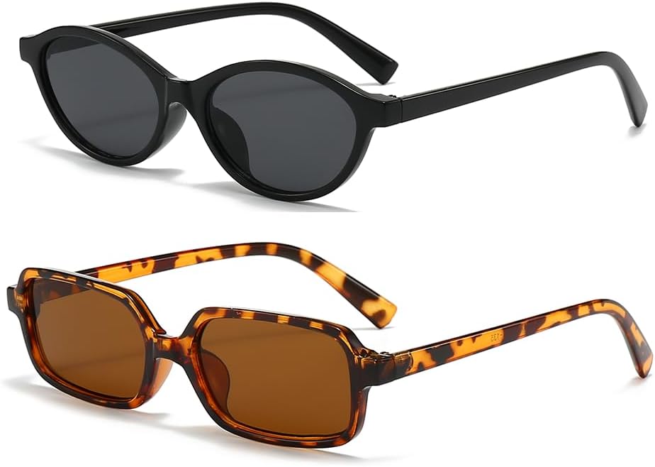 Retro Women Sunglasses 2 Pack, Vintage Cat Eye & Rectangle Sunglasses Set, Trendy UV400 Shades for Driving Daily Wear