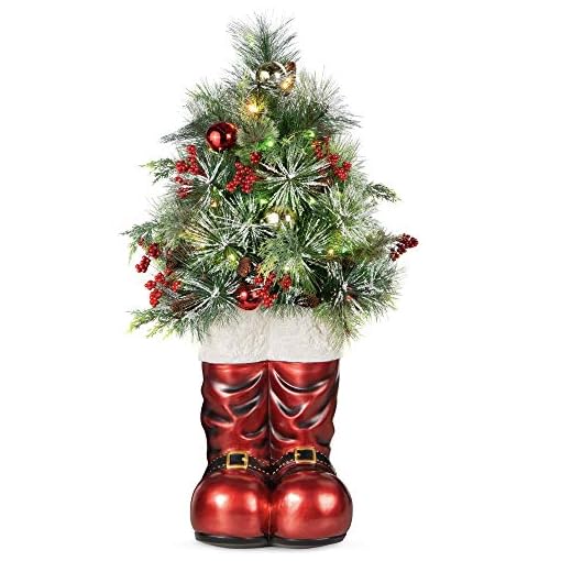 Best Choice Products 40in Santa Boots with Pre-Decorated Christmas Tree Greenery, Decoration for Home & Office, Hand-Painted Frosted Tips, Battery-Operated Lights