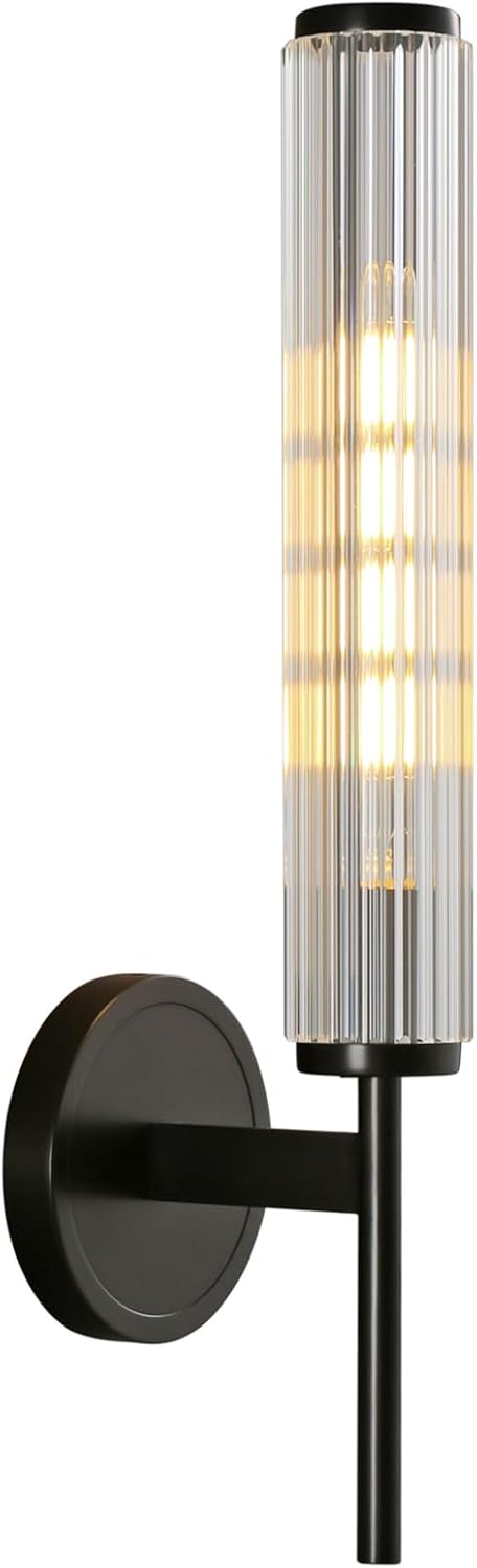 Black Wall Sconce 18.9in Grooved Patterned Glass Tube Bathroom Vanity Wall Lights, Modern Oxidized Black Brass Wall Sconces for Living Room, Bedroom, Dining Room, Hallway, Staircase and Mirror