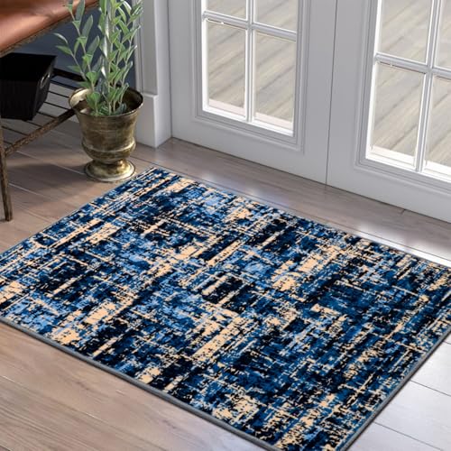 TUKDAK Abstrakt Türmatte Innen 50×80cm, Blau Waschbar Eingangs Fußmatte mit rutschfeste Gummirücken, Weicher Boho Kurzflor Teppich für den Haustür Flur...