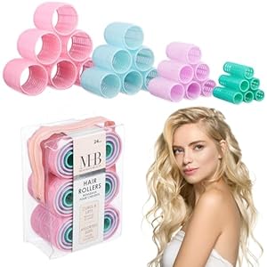 24pc Hair Rollers Collection – Pastel Colored Classic Hair Rollers for Curls & Lift, Self-Grip Velcro Hair Curlers for Women In Assorted Sizes
