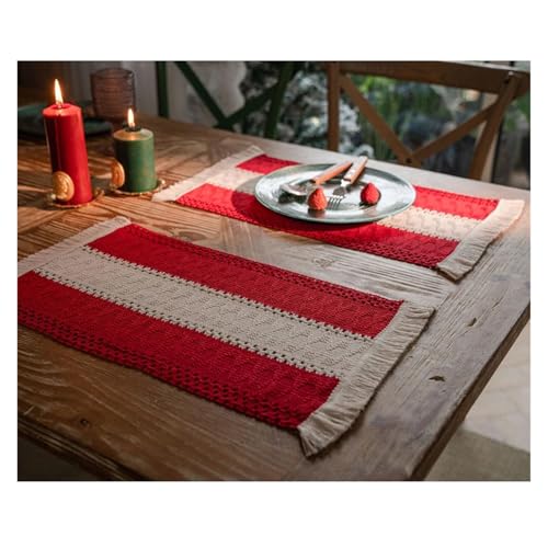 Table Mats Cotton Linen Placemats For Dinner Table Macrame Modern Accessory Kitchens Underplate Party Wedding Table Decor Place Mats Set For Kitchen(Red)