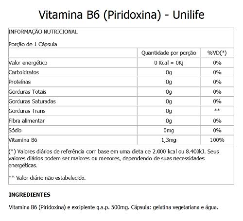 Vitamina B6 (Piridoxina) - 3 unidades de 60 Cápsulas - Unilife