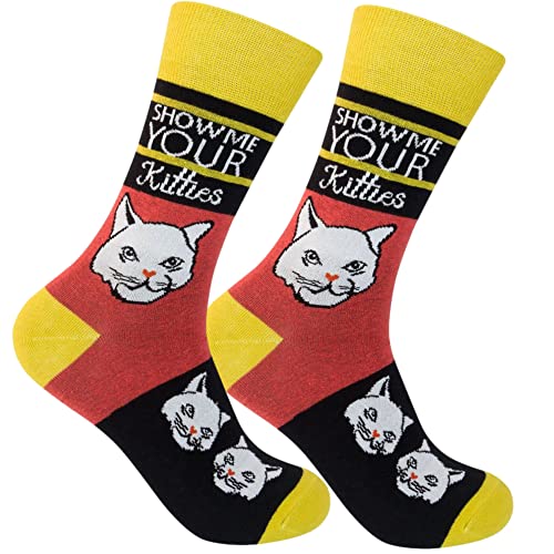 FUNATIC Show Me Your Kitties Novelty Crew Socks | Unisex Kitty Lover Gift with White Cat Image | Best Pet Owner Accessory | Kitten Holiday Party Day Apparel Present for Men Women | One Size Fits Most
