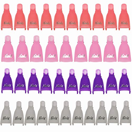 Nail Polish Remover Clips Set, Nail Art Polish Remover Wrap 40 Pack with 630 Pack Nail Wipe Cotton Pads (Pink, Purple, White, Dark Pink)
