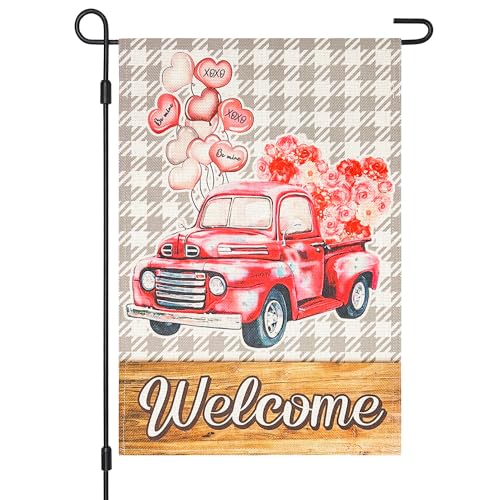 Vigor Home Valentine‘s Day Garden Flag Double Sided 12×18 Inch for Outside Burlap, Love Hearts Balloons Roses Bouquet Welcome Truck Yard Flags for Outdoor