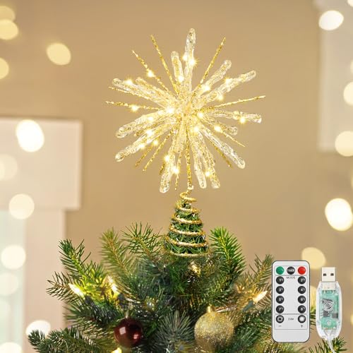 Luxspire Weihnachtsbaumspitze, beleuchteter Stern mit USB Fernbedienung, 10" klare Metall Dekoleuchte… – Ansicht 1