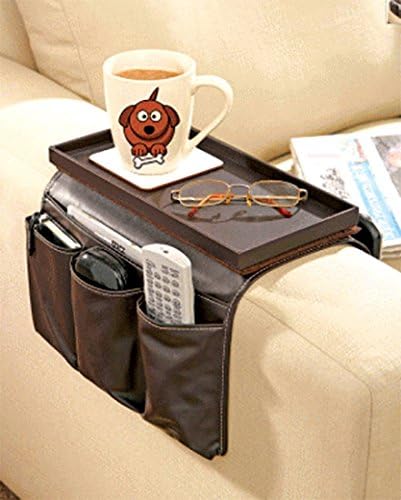 Great Ideas Luxury Faux Leather TV Remote Control Handset Holder / Organiser / Caddy For Arm Rests With Cup Holder Tray - Fits Over Chairs, Sofas Armchairs With 15cm-19cm Wide Arm - Eight Pockets