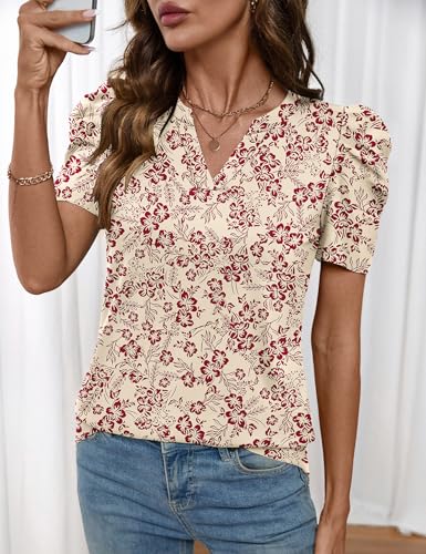 Image of LOMON Spring Summer Tops for Women 2026 V Neck Puff Short Sleeve Tops Fashion Trendy Work Blouses Dressy Casual S-XXL
