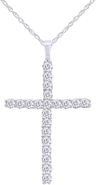AFFY 0.30 Carat (Cttw) 14K Solid Gold Round Diamond Ladies Cross Pendant 1/3 CT (Silver Chain in cluded) Classic Divine Cross of Jesus Pendant I-J / I2-I3 Clarity