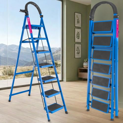 Image of Casa Copenhagen Blue 7 Step Ladder for Home Use with Built-in Tool Tray | Heavy Duty D Shape Rods | Ultra Large Platform | Wide Rubber Feet | 150Kg Capacity Foldable Ladder - 7 Years Warranty