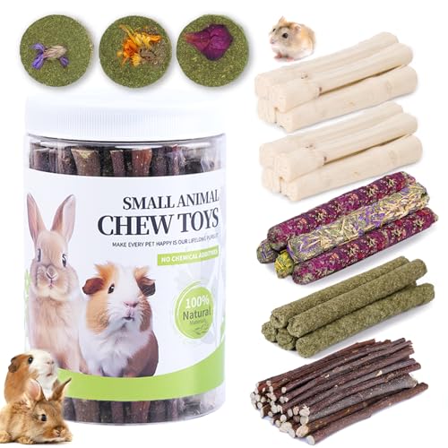 JOUSONTY 50-60 Pcs Rabbit Chew Toys, Guinea Pig, Hamster, Bunny Chew Toys, Sweet Bamboo, Apple Stick, Timothy Stick, Prevent Teeth Overgrowth, Clean Teeth