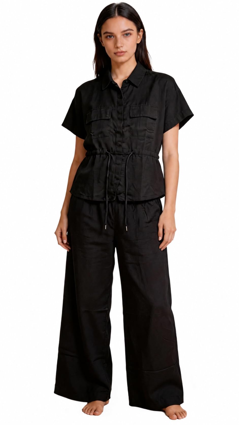 evolove Women’s Pure Cotton Co-Ord Set | Collared Short Sleeve Shirt & Elastic Waist Pajama Set | Breathable Lounge Night Suit-picture-8