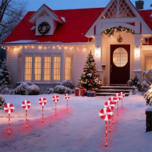 BRIGHTDECK Lollipop Solar Christmas Pathway Lights Outdoor, 10 Pack LED Christmas Decor with 8 Lighting Modes, Light Up Solar Stake Lights for Holiday, Xmas, Walkway, Sidewalk (Red, 10 PCS) by BRIGHTDECK - Image 6