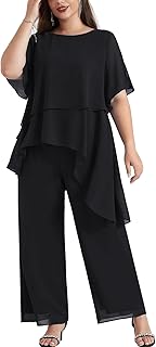 2025 Plus Size Mother of The Bride Pant Suits 2 Piece Chiffon Sets Ruffle Asymmetric Layers Wedding Guest Outfit