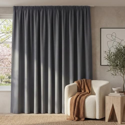 PONY DANCE Blickdichter Vorhang für Schiene Thermovorhang Kälteschutz | 1er Set H245 x B300 cm, Grau, Extra Breite Gardine Verdunkelnd, mit Kräuselband, für Schlafzimmer Wohnzimmer