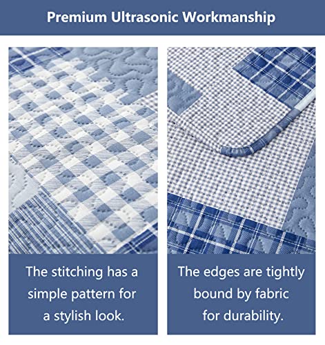 Chesity Plaid Quilt Set Twin Size 3-Piece Navy Blue Plaid Bedding Sets Reversible Lightweight Stripe Quilt Grid Coverlet Bedspread Patchwork Soft Quilt For Bed (68" X 86") #TOP5