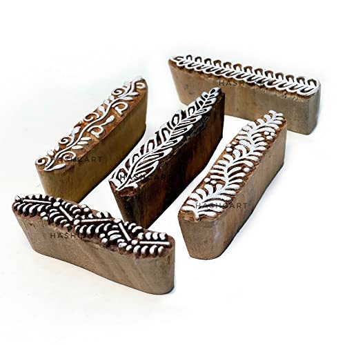 HASHCART® Fabric Wooden Stamps Creative Border Pattern Printing Blocks - Set of 5, Ink Stamps, Wood Blocks for Crafting on Fabric, Clay & Henna Tattoo, Wood Stamps for Craft