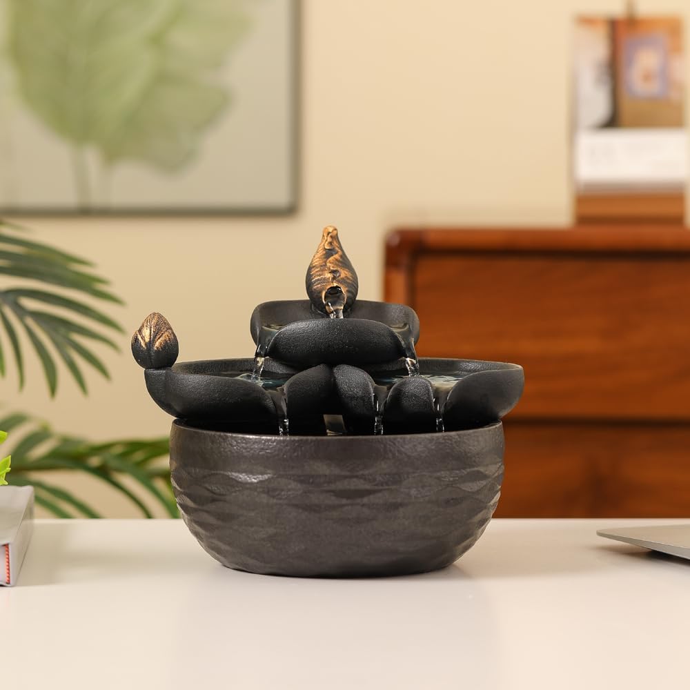 Tabletop Ceramic Fountain Water Feature Home Kitchen Office Decoration Modern Design Style (Black)