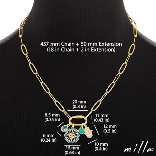 Milla 14K Gold Plated Charm Necklace for Women, 18 inches Paperclip Chain and 2 inches Extension, with Pendants on Carabiner. Safe and Hypoallergenic3