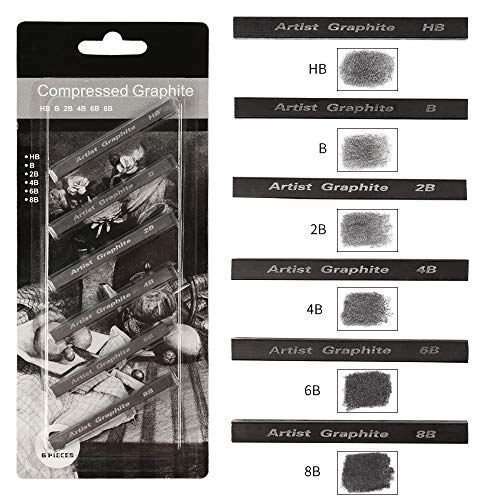Myartool Compressed Graphite Sticks, B, Hb, 2B, 4B, 6B, 8B Assorted Degree Graphite Stick Set For Sketching Drawing And Shading #TOP12