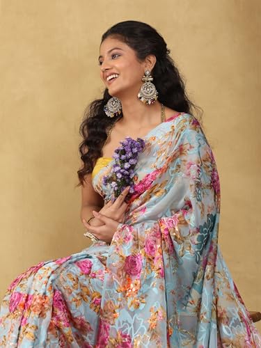 Image of Garden Vareli Summer Roganza Viscose Brasso Floral Print Saree with Unstitched Blouse Piece