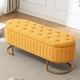 DRKAT Velvet Oval Upholstered End of Bed Bench with Golden Metal Legs, 46' Modern Tufted Storage Ottoman for Bedroom, Living Room, Entryway, Window, Mustard