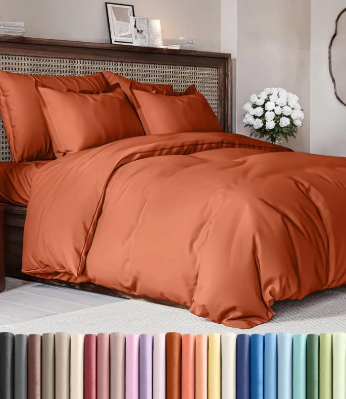 Image of Duvet Cover Cal King Size Set - Extra Soft Cal King Duvet Cover 104 inch x 98 inch with 2 Pillow Shams for Women, Men, Kids & Teens - Hotel Luxury w / Zipper Closures & Ties - Comfy & Breathable (Terracotta)